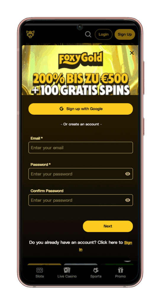 mobile sign up foxygold casino
